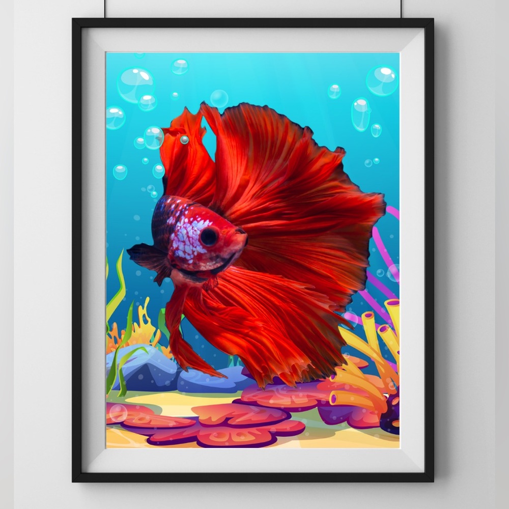 Red Beta Fish Handcrafted Digital Art Print 8 1/2”x 11” Does Not Include Frame